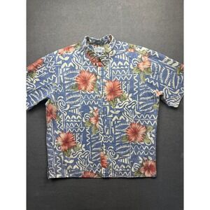 VTG Reyn Spooner Hawaiian Shirt Men XL Blue Hibiscus Floral Tribal Summer Korea